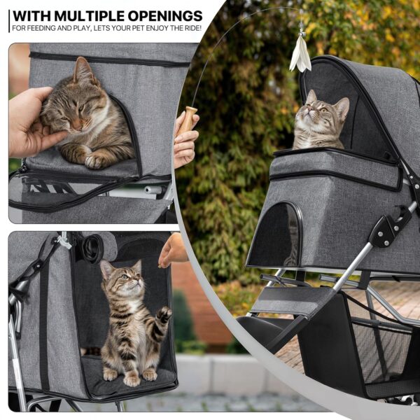 MoNiBloom 3 Wheels Pet Dog Cat Stroller for Small Medium Dogs and Cats, Lightweight Foldable Jogger Stroller w/Storage Basket and Cup Holder, Gray - Image 4