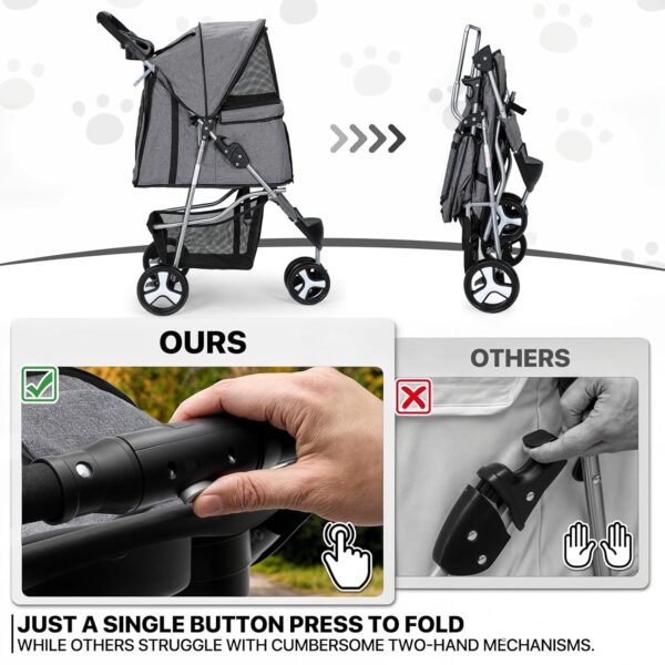 MoNiBloom 3 Wheels Pet Dog Cat Stroller for Small Medium Dogs and Cats, Lightweight Foldable Jogger Stroller w/Storage Basket and Cup Holder, Gray - Image 5