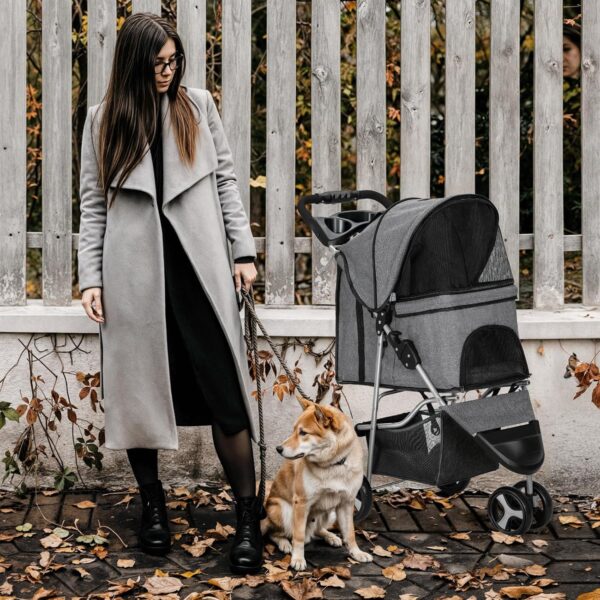 MoNiBloom 3 Wheels Pet Dog Cat Stroller for Small Medium Dogs and Cats, Lightweight Foldable Jogger Stroller w/Storage Basket and Cup Holder, Gray - Image 6