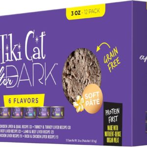 Tiki Cat After Dark Pâté, Variety Pack, High-Protein and 100% Non-GMO Ingredients, Wet Cat Food for Adult Cats, 3 oz. Cans (Pack of 12)